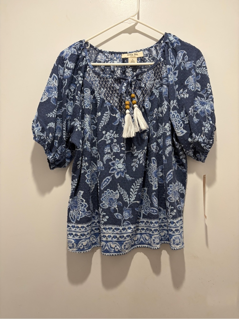 Petite blue floral top with tassels